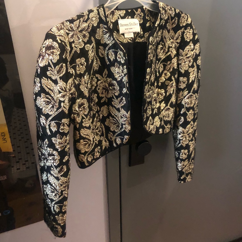 1980s cropped gold and black embroidered shrug / bolero; women’s size 8